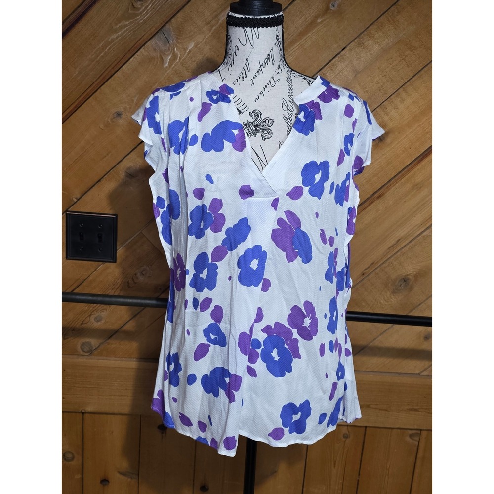 Women White Purple Blue Floral Cap Sleeve Split V-Neck Textured Blouse‎ Top